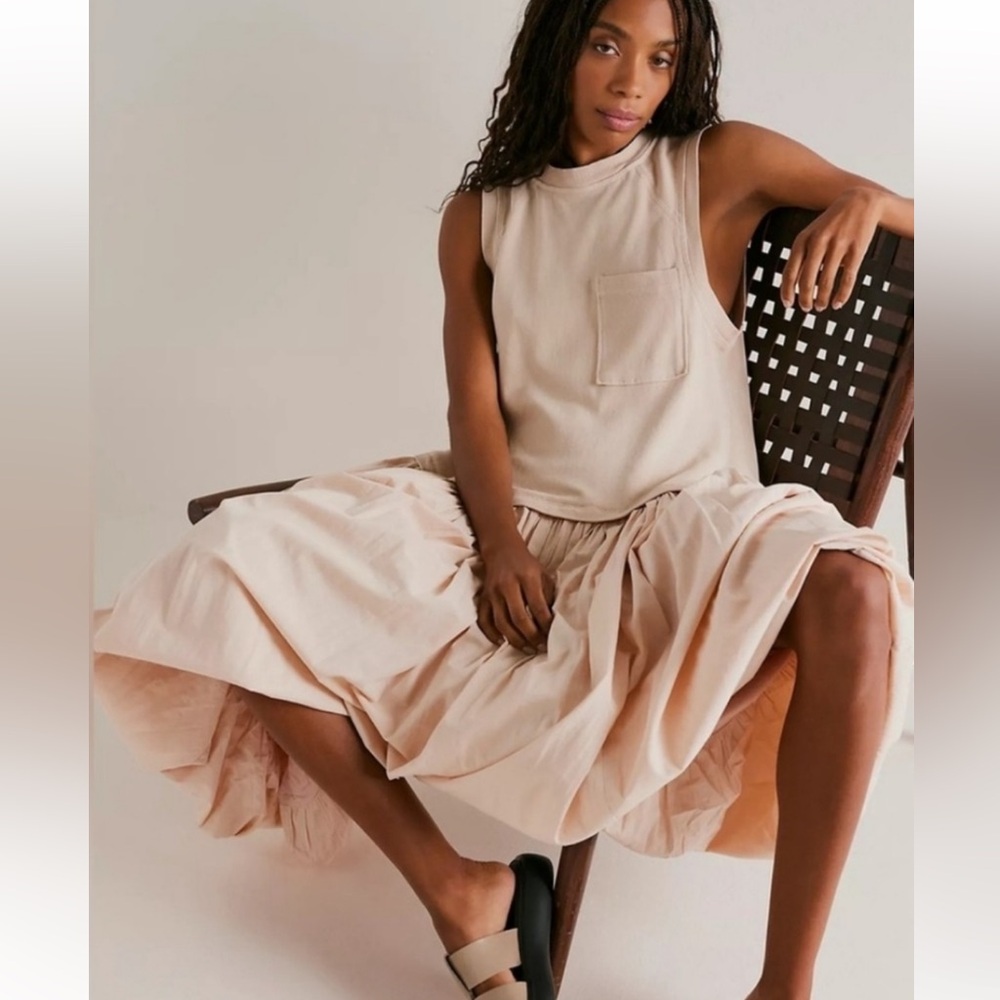 Free People Calla Lily Bubble Skirt Mixed Media Maxi Dress Pockets & Drop Waist